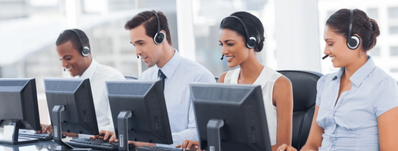 Four call center employees on the phones transform into contact center employees taking not only calls but other customer service channels, followed by the text 'Turn your call center into a contact center.'