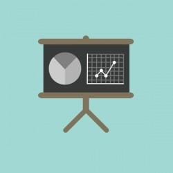 A circle containing a presentation board with different metrics.